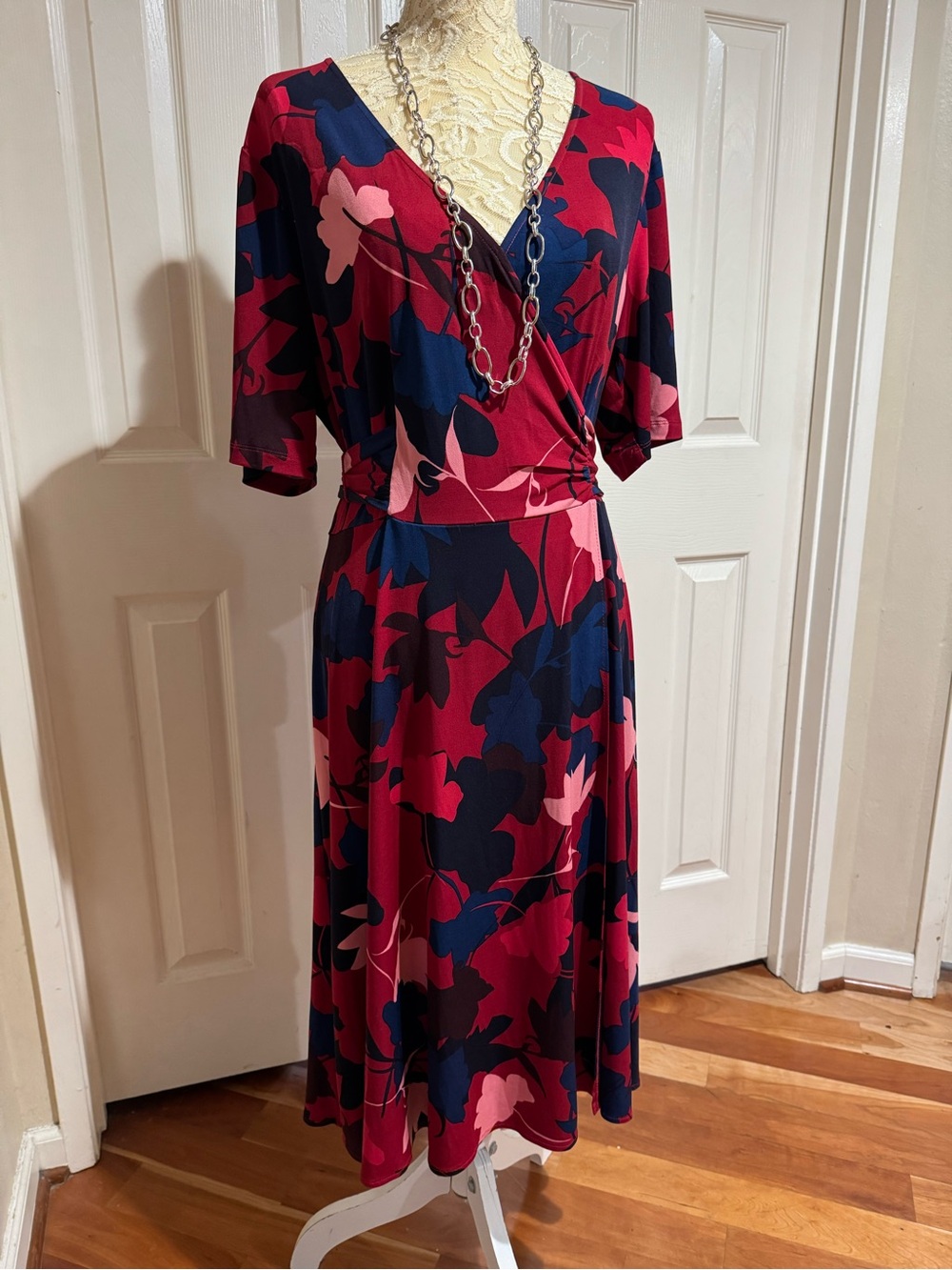 Floral Wrap Midi Dress in Burgundy, Navy & Pink